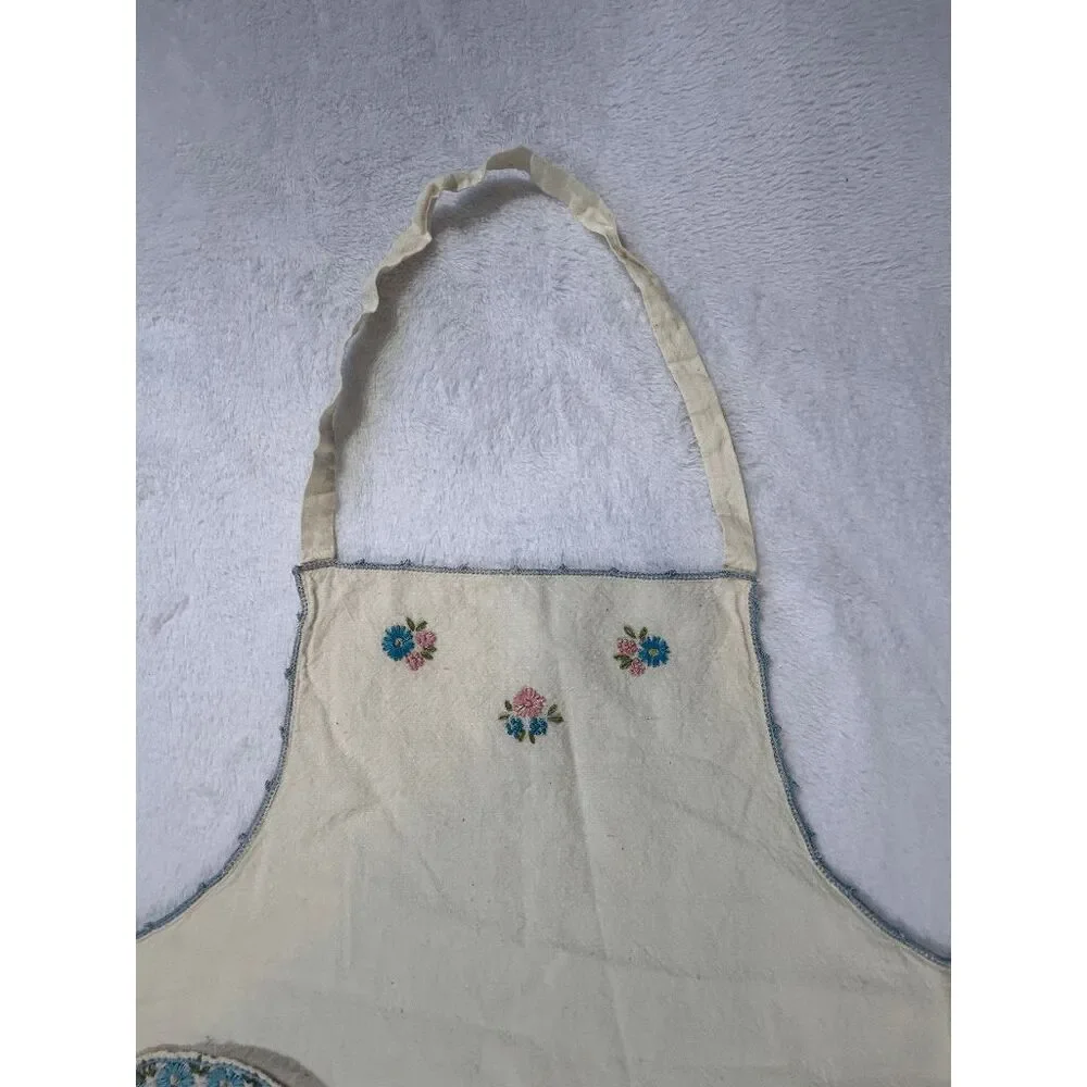 Handmade Full Front Cream Flower Embroidered Apron, Pocket, Detailed, Unique
